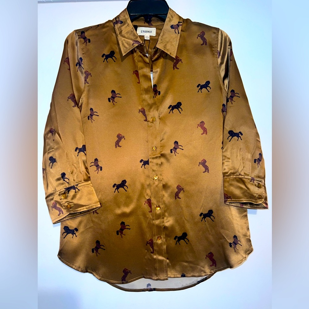 $380 Women AUTH L'AGENCE  Shirt Dani Horse Prints Silk Blouse Top Sz XS/T